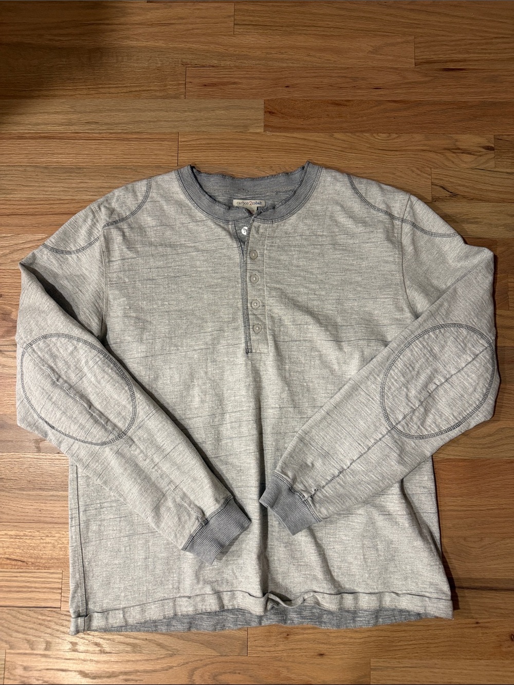Carbon2Cobalt Men’s Gray Slub Henley Long Sleeve Elbow Patch Shirt Size LG